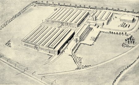 Eerste schetstekening van de nieuw te bouwen fabriek in Beverwijk. 1947